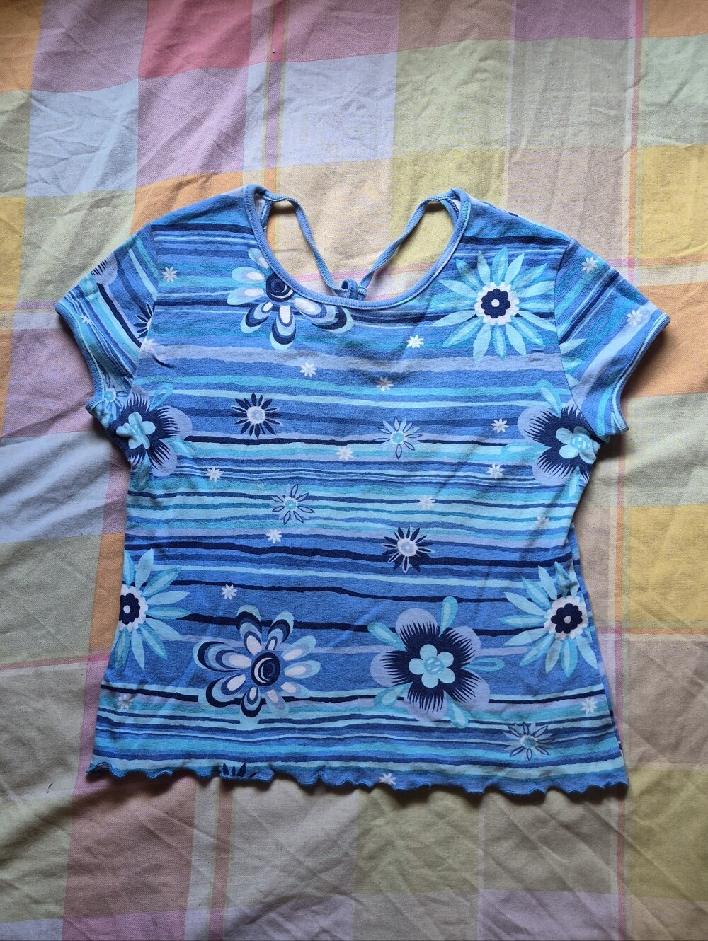 Girls' Blue Floral Stripe Short-Sleeve Tee